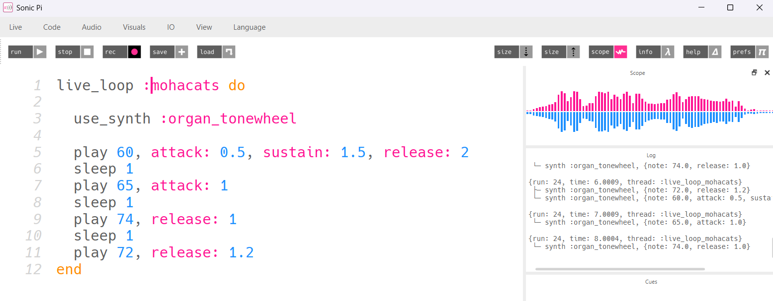 Screenshot of Sonic Pi showing a coding example of a live loop