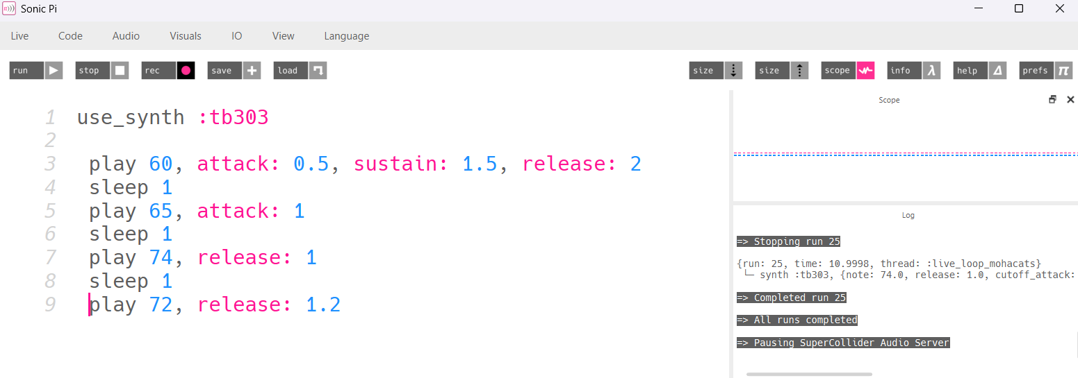 Screenshot of Sonic Pi showing a coding example of synths and samples