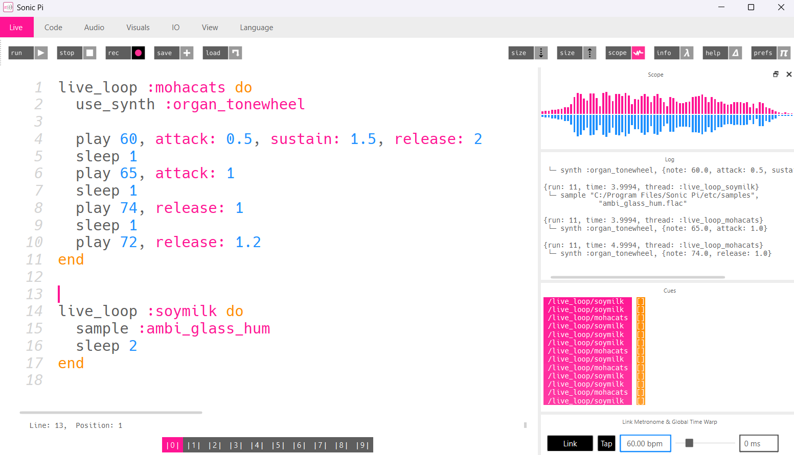 Screenshot of Sonic Pi showing a coding example of multiple loops with different names