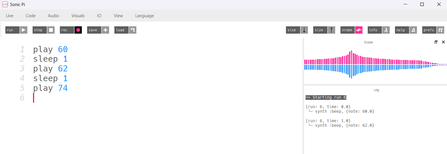 Screenshot of Sonic Pi showing a coding example of multiple notes