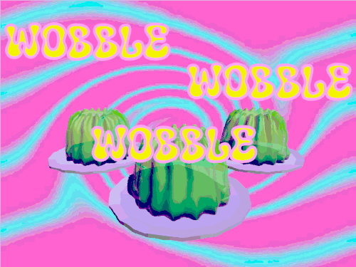 Animation of jiggling jello molds and psychedelic text that says Wobble