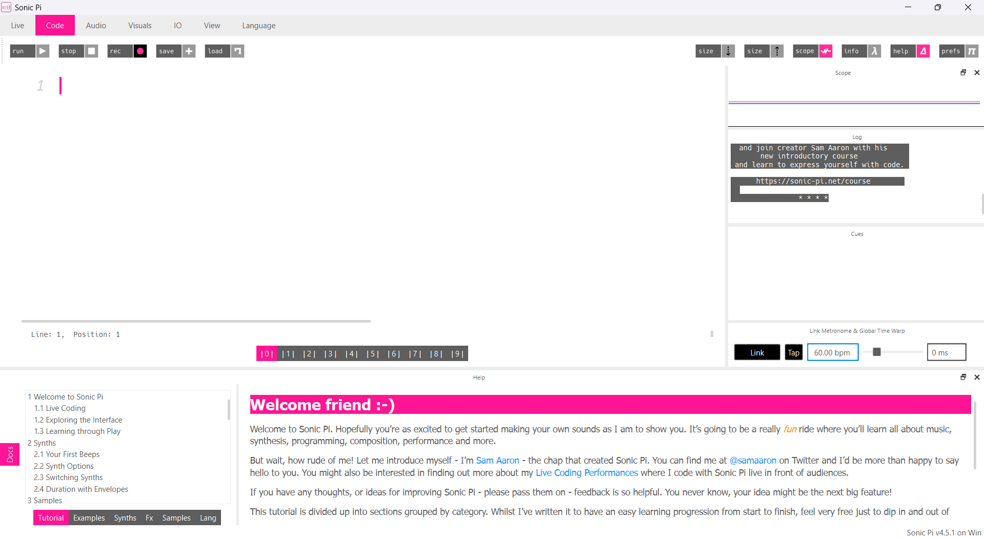 Screenshot of the opening dashboard of Sonic Pi software when first opened