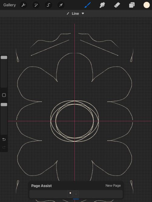 Screenshot of Procreate interface. Drawing guides used in symmetry mode.