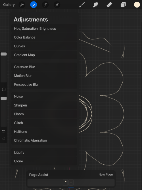 Screenshot of Procreate interface. Adjustments menu.