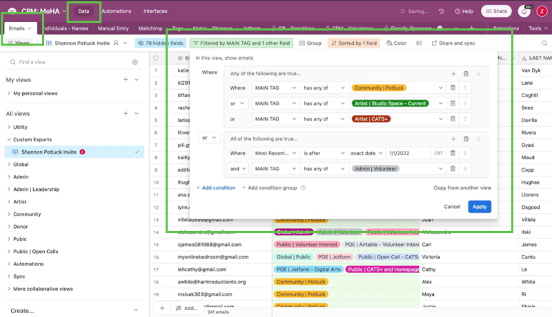 Menu that lets a user create nuanced email lists using the CRM