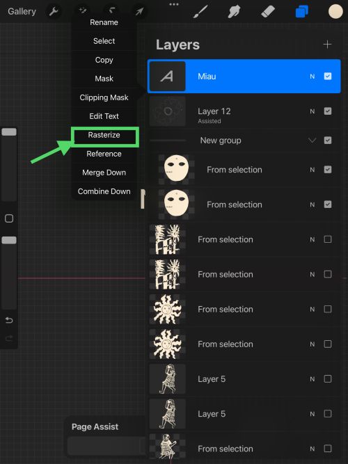 Screenshot of Procreate interface. In Layer's menu, an arrow points at the rasterize option.