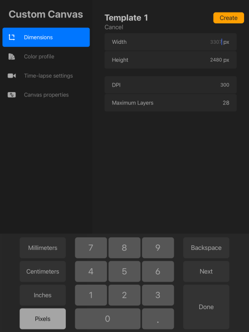 Screenshot of Procreate interface. Custom canvas screen.