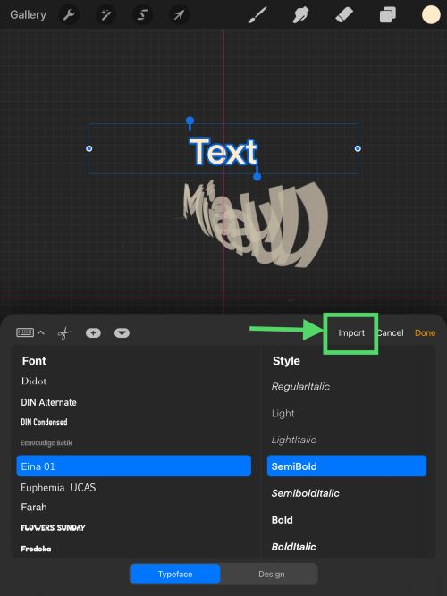 Screenshot of Procreate interface. Import Font option.