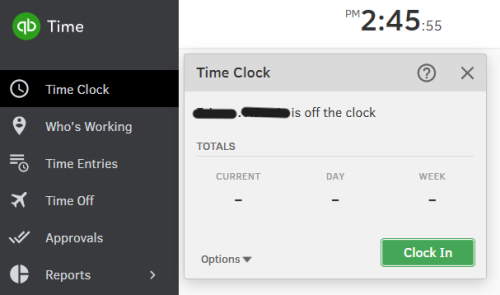 Time Clock pop up in Quickbooks Time.