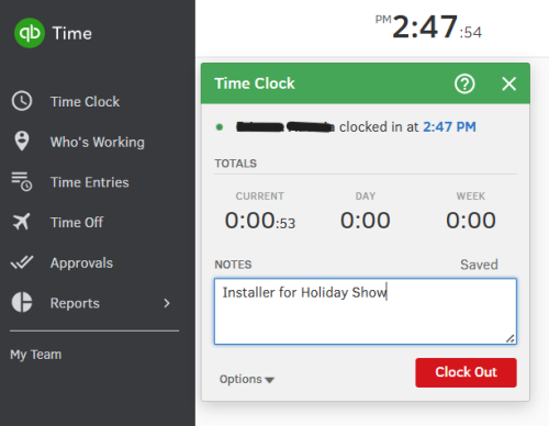 Add notes before clocking out in the Time Clock pop up.