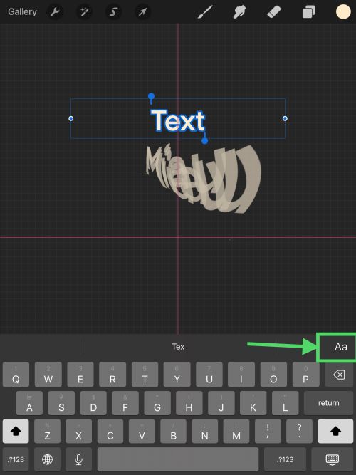 Screenshot of Procreate interface. Text tool, keyboard.