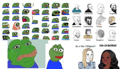 Layered screenshots of Pepe and other meme figures