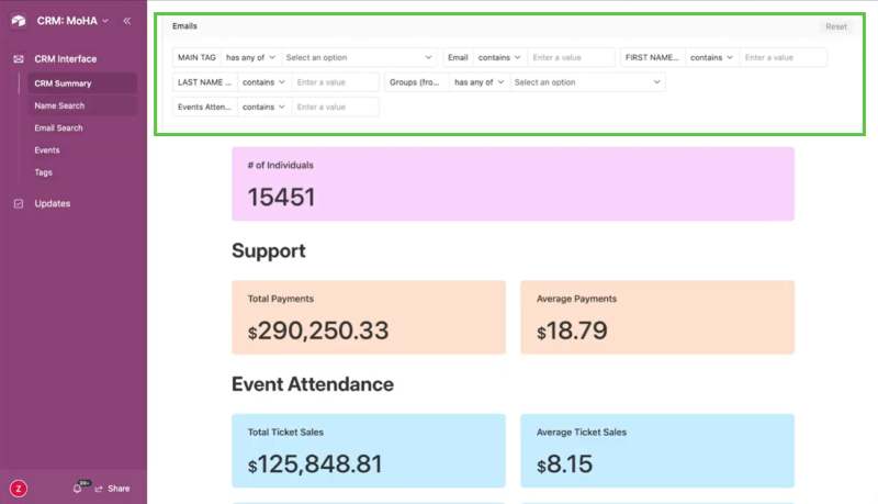 Quick filter menu in the CRM Summary tab