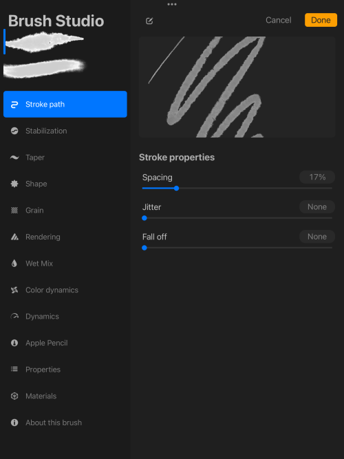 Screenshot of Procreate interface. Brush studio for erase tool.