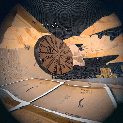 Spinning wheel with Gold World seen in the distance.