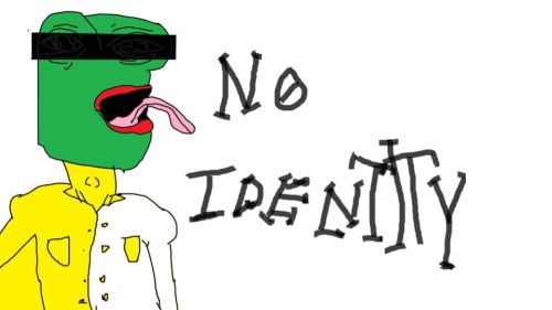 Image of Pepe the frog-esque figure in a button down with black bar over eyes. Text reads No Identity.