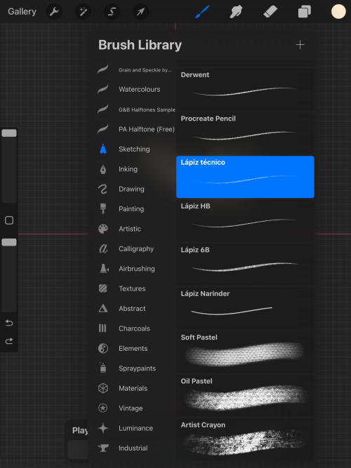 Screenshot of Procreate interface. Brush library.