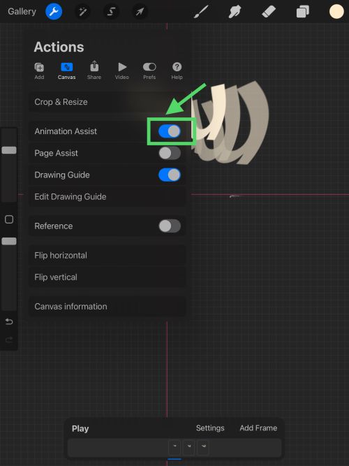 Screenshot of Procreate interface. Actions menu display, an arrow points at the “Animation Assist” option.