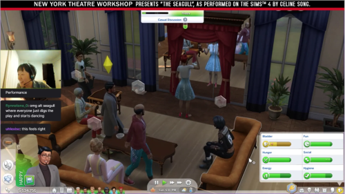 Screenshot of Sims with Celine Song and the chat at the left