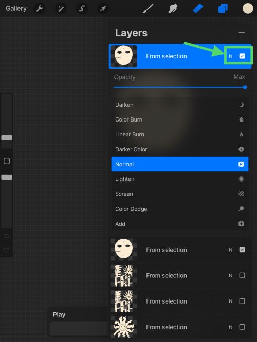 Screenshot of Procreate interface. Layers blend modes.