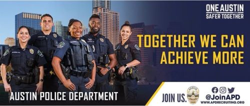 APD recruitment graphic from billboard: diverse group of cops with the text: Together we can achieve more