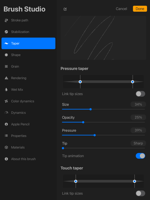 Screenshot of Procreate interface. Brush studio.