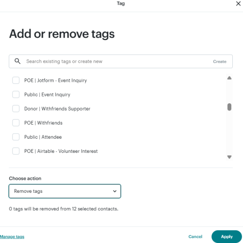 Pop up in Mailchimp to add or remove tags in bulk, with the option set to "Remove tags."